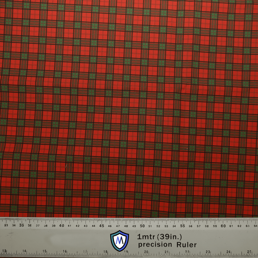 A Tartan Scottish Red Green Scrub Cap by Medicus Scrub Caps features a red and green plaid reminiscent of Scottish heritage, with a white ruler at the bottom showing measurements in centimeters and inches, labeled 1mtr (39in.) precision Ruler.