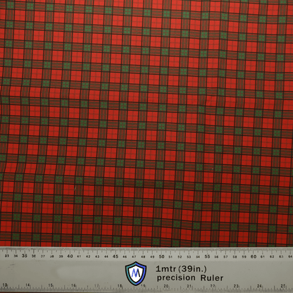 A Tartan Scottish Red Green Scrub Cap by Medicus Scrub Caps features a red and green plaid reminiscent of Scottish heritage, with a white ruler at the bottom showing measurements in centimeters and inches, labeled 1mtr (39in.) precision Ruler.