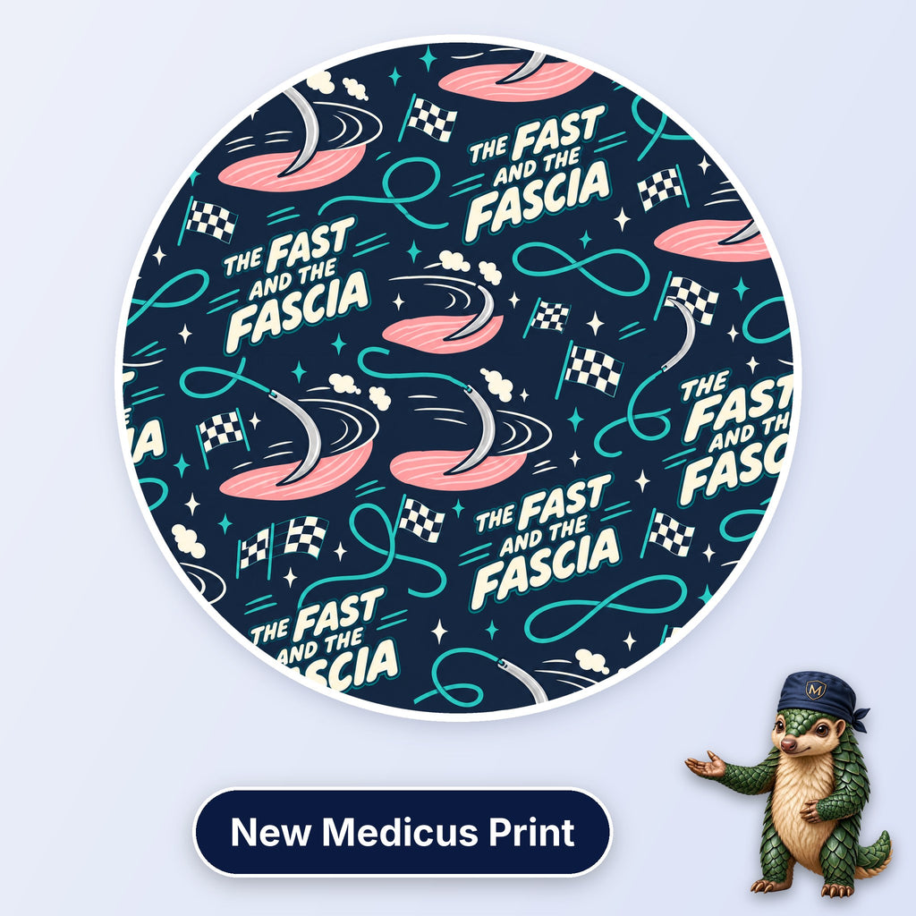 The Fast And The Fascia scrub cap print: racing suture needles with chequered flags and pink fascia on navy