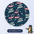 The Fast And The Fascia scrub cap print: racing suture needles with chequered flags and pink fascia on navy
