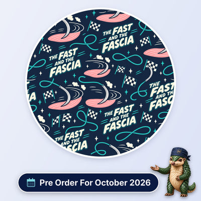 The Fast And The Fascia scrub cap print: racing suture needles with chequered flags and pink fascia on navy, with a Pre Order For October 2026 badge