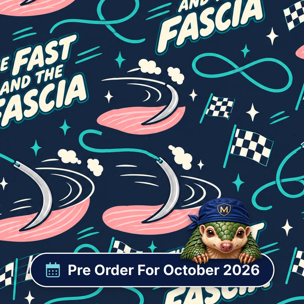 The Fast And The Fascia scrub cap print: racing suture needles with chequered flags and pink fascia on navy, with a Pre Order For October 2026 badge