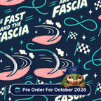 The Fast And The Fascia scrub cap print: racing suture needles with chequered flags and pink fascia on navy, with a Pre Order For October 2026 badge