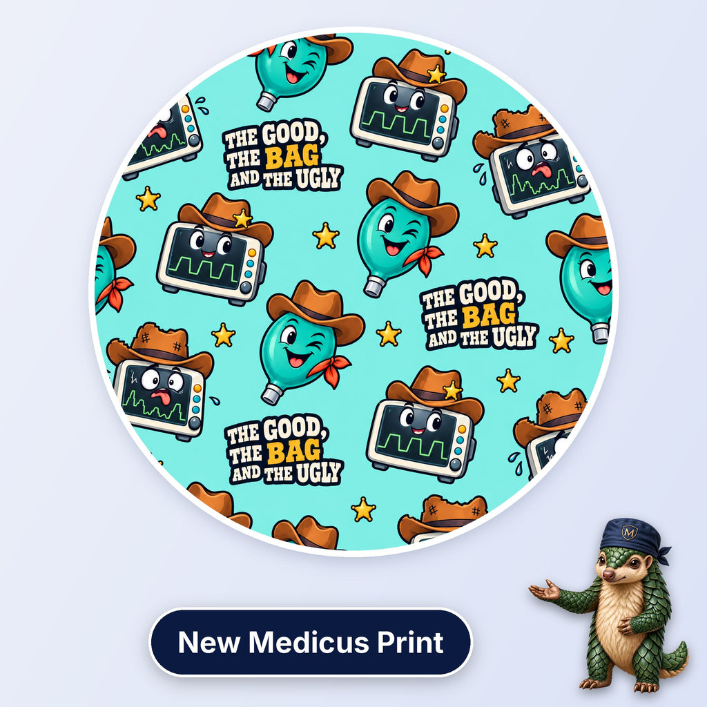 The Good, The Bag And The Ugly scrub cap print: cowboy-hatted bag valve masks and monitors with sheriff stars on aqua