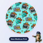 The Good, The Bag And The Ugly scrub cap print: cowboy-hatted bag valve masks and monitors with sheriff stars on aqua
