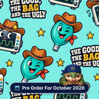 The Good, The Bag And The Ugly scrub cap print: cowboy-hatted bag valve masks and monitors with sheriff stars on aqua, with a Pre Order For October 2026 badge