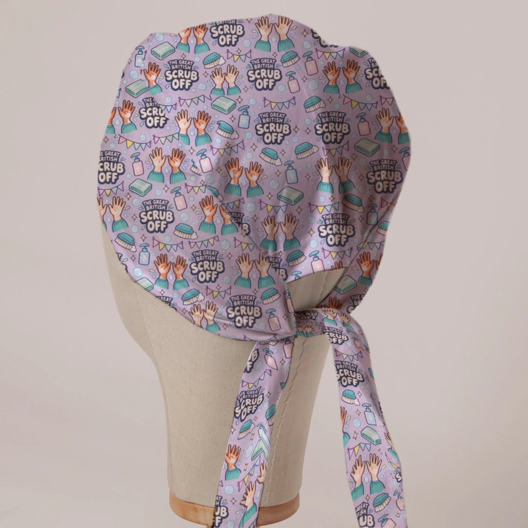 The Great British Scrub Off scrub cap in Bandana tie-back style on mannequin head, back view with ties