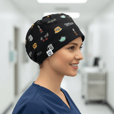 Black office themed pattern scrub cap with colourful stationery and coffee cup icons