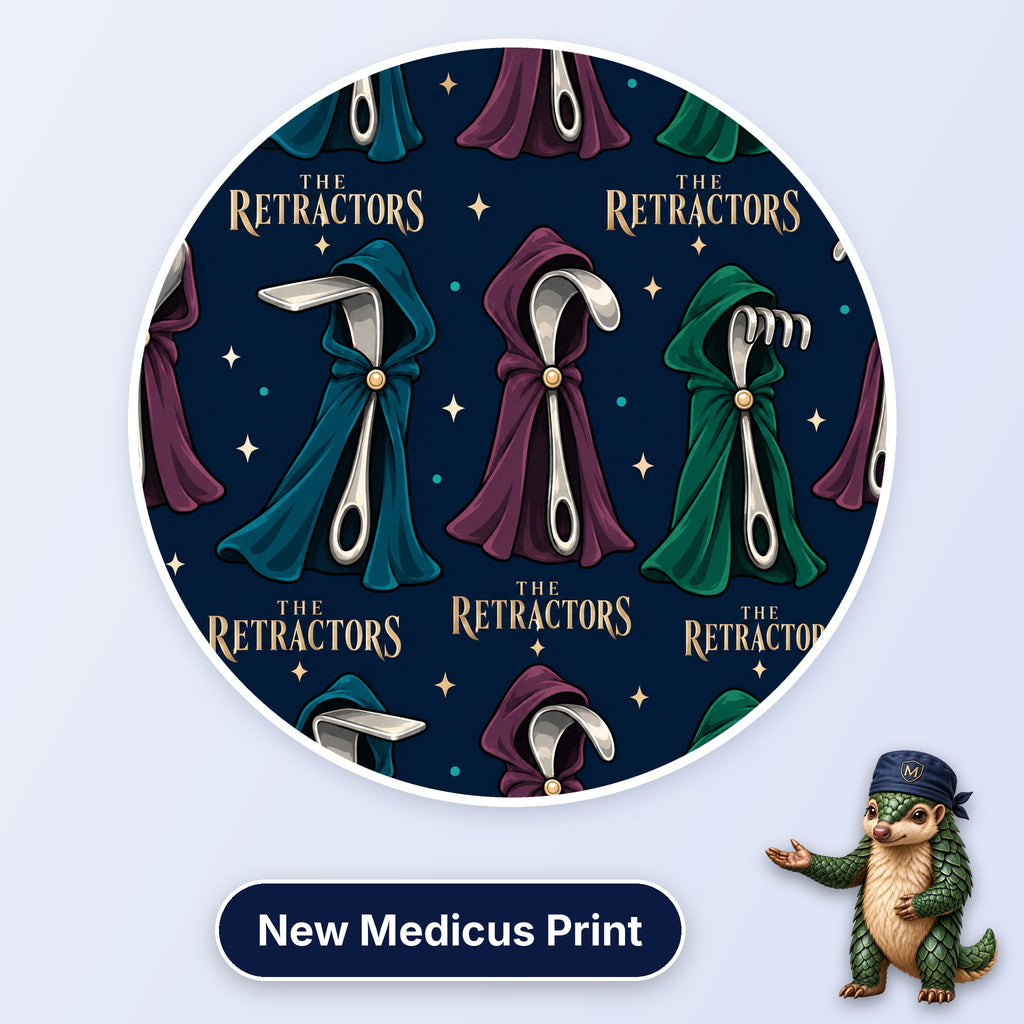 The Retractors scrub cap print: hooded cloaks in teal, purple and green hiding surgical retractors on navy