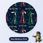 The Retractors scrub cap print: hooded cloaks in teal, purple and green hiding surgical retractors on navy