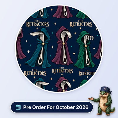 The Retractors scrub cap print: hooded cloaks in teal, purple and green hiding surgical retractors on navy, with a Pre Order For October 2026 badge