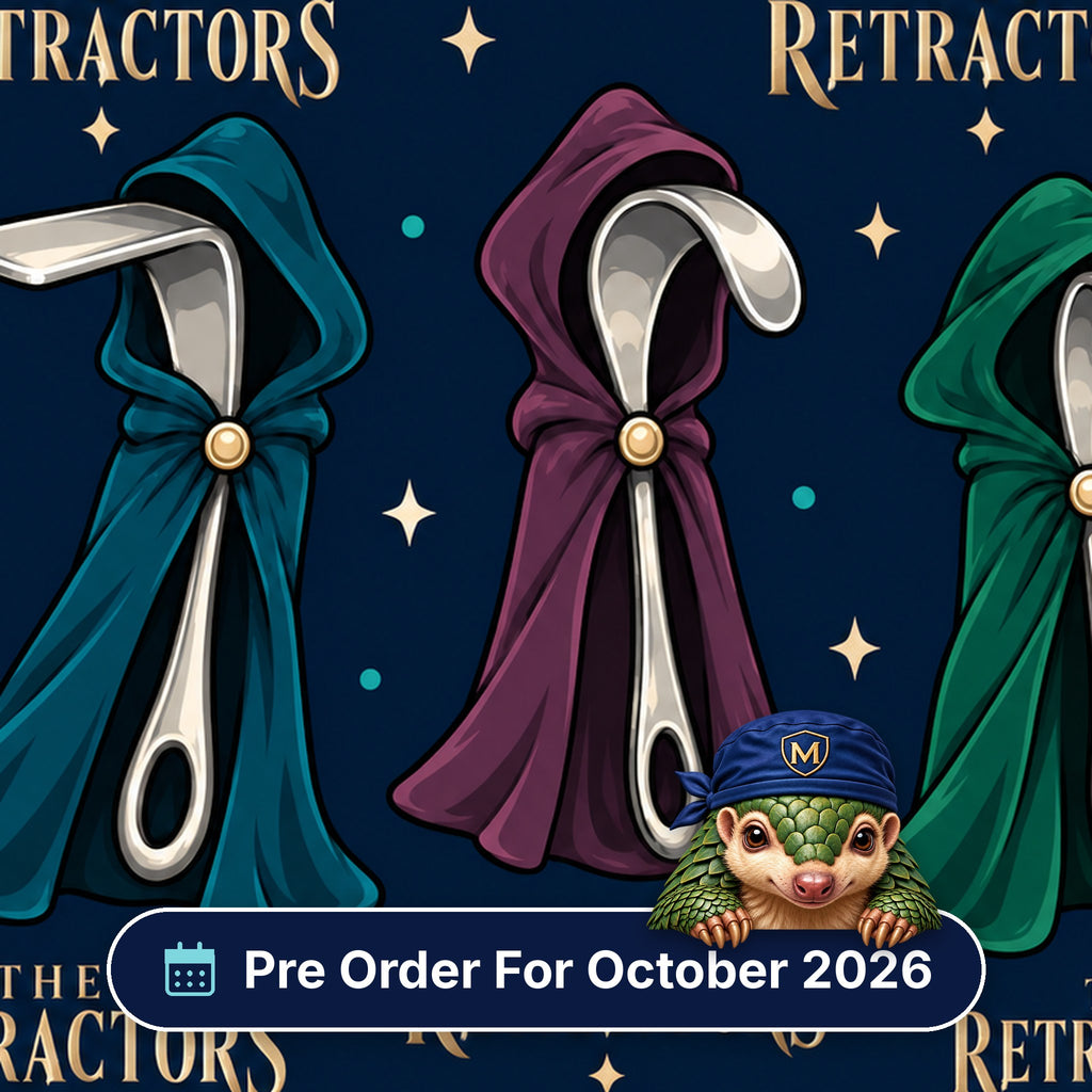 The Retractors scrub cap print: hooded cloaks in teal, purple and green hiding surgical retractors on navy, with a Pre Order For October 2026 badge