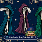 The Retractors scrub cap print: hooded cloaks in teal, purple and green hiding surgical retractors on navy, with a Pre Order For October 2026 badge