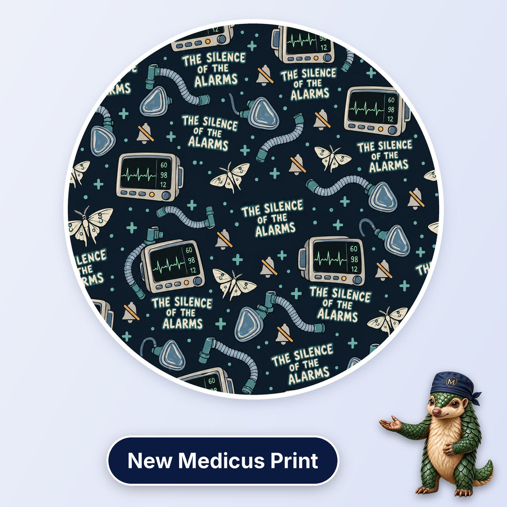 The Silence Of The Alarms scrub cap print: patient monitors, muted bells, moths and breathing circuits on dark navy