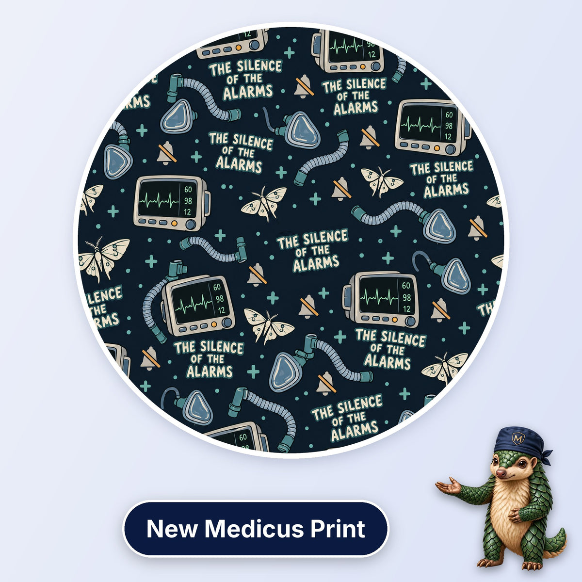 The Silence Of The Alarms scrub cap print: patient monitors, muted bells, moths and breathing circuits on dark navy
