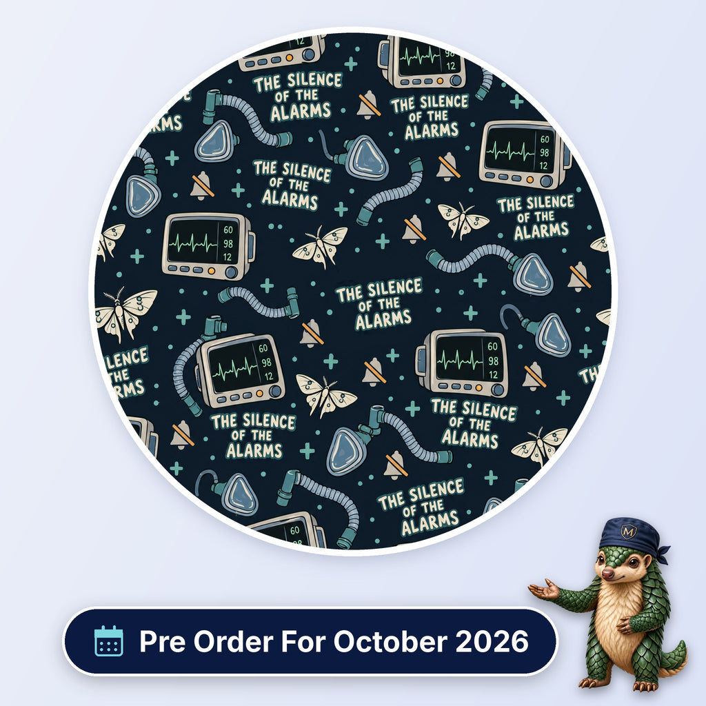 The Silence Of The Alarms scrub cap print: patient monitors, muted bells, moths and breathing circuits on dark navy, with a Pre Order For October 2026 badge