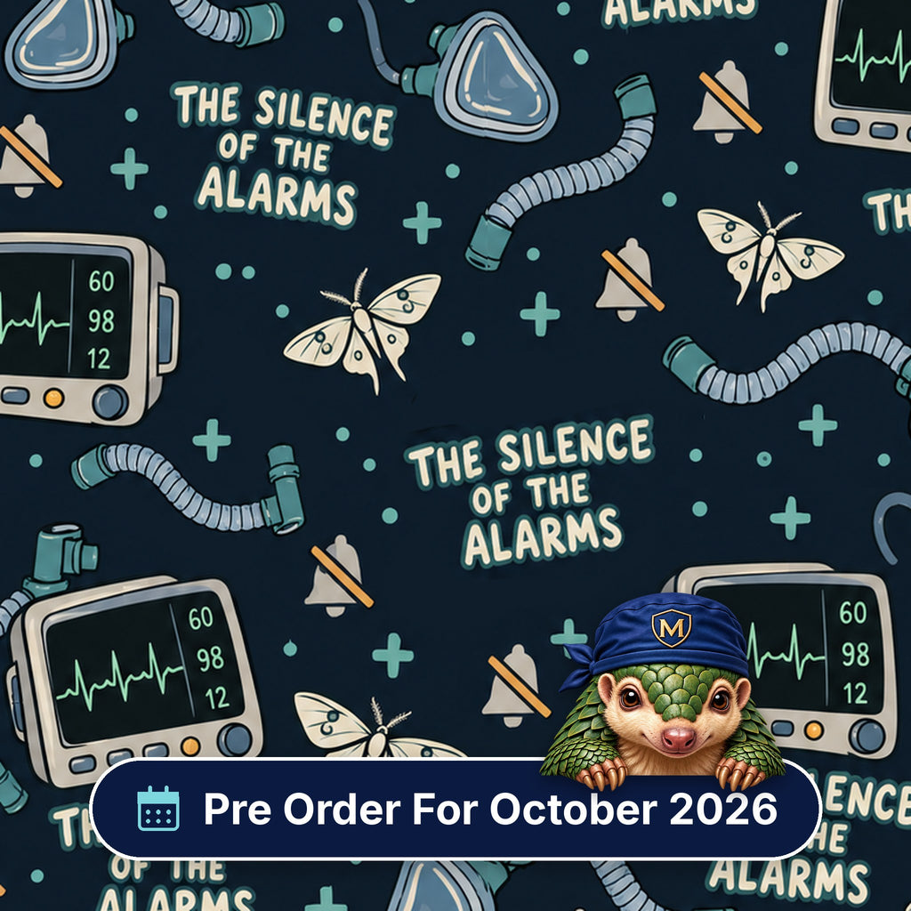 The Silence Of The Alarms scrub cap print: patient monitors, muted bells, moths and breathing circuits on dark navy, with a Pre Order For October 2026 badge