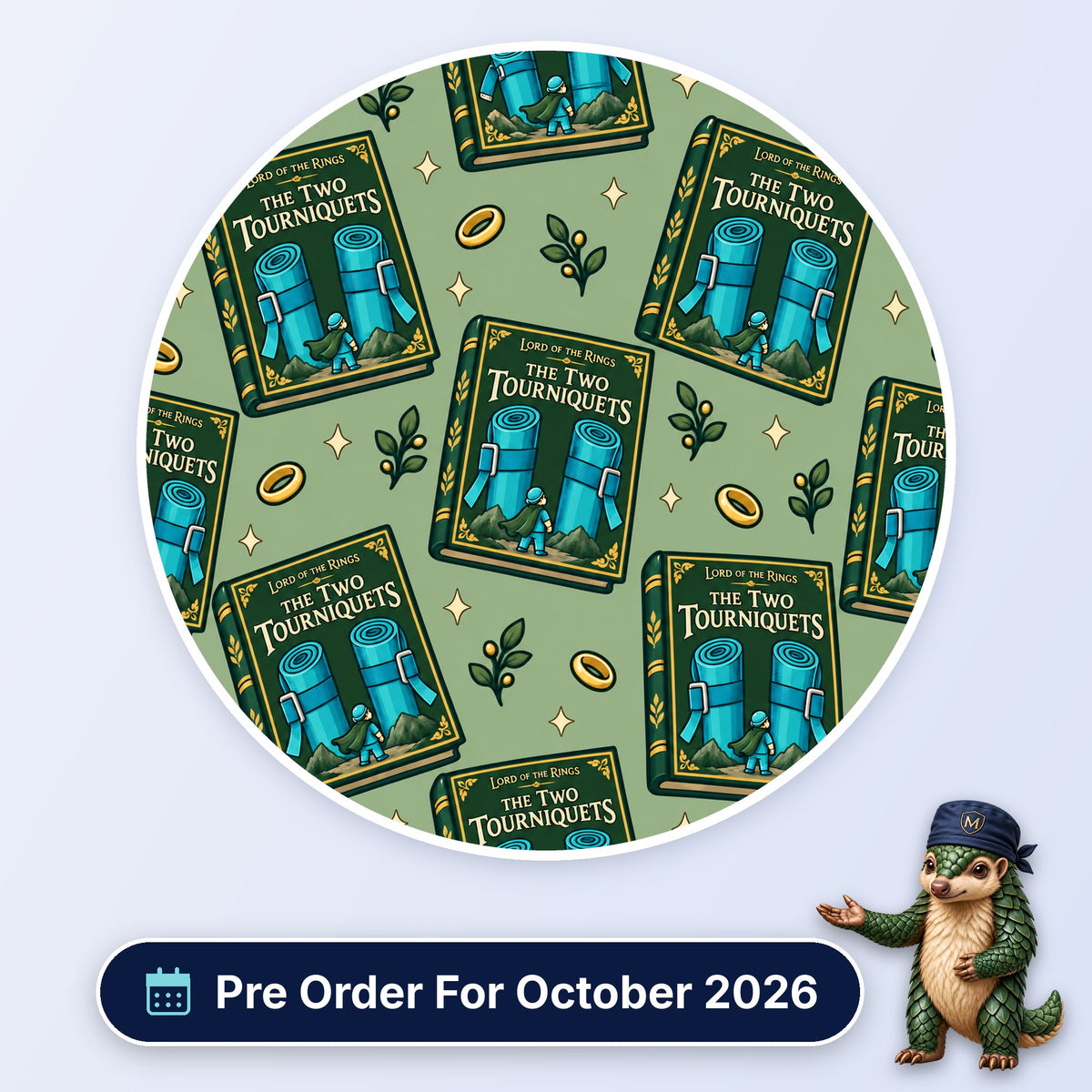 The Two Tourniquets scrub cap print: fantasy book covers with two blue tourniquets, gold rings and leaves on sage green, with a Pre Order For October 2026 badge