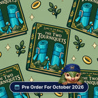 The Two Tourniquets scrub cap print: fantasy book covers with two blue tourniquets, gold rings and leaves on sage green, with a Pre Order For October 2026 badge