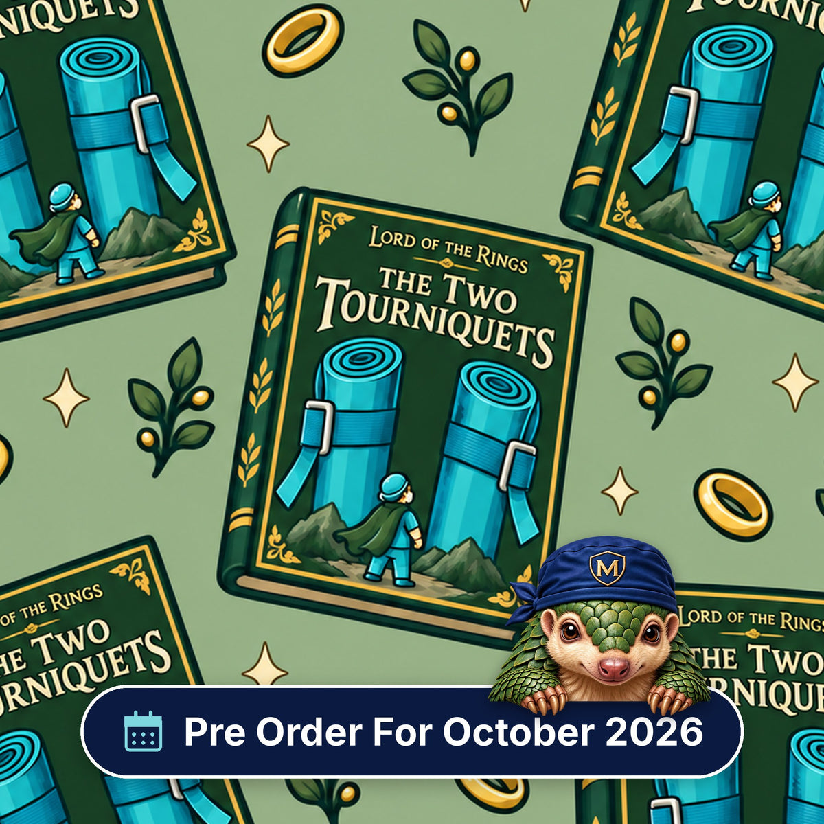 The Two Tourniquets scrub cap print: fantasy book covers with two blue tourniquets, gold rings and leaves on sage green, with a Pre Order For October 2026 badge