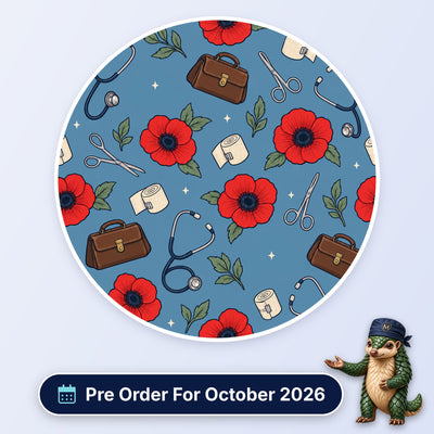 Their Service Stays With Us scrub cap print: red poppies with stethoscopes, bandages, scissors and doctor's bags on blue, with a Pre Order For October 2026 badge