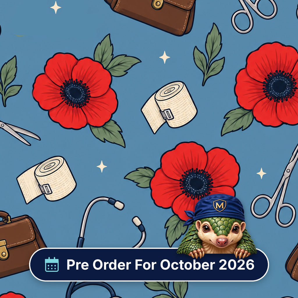 Their Service Stays With Us scrub cap print: red poppies with stethoscopes, bandages, scissors and doctor's bags on blue, with a Pre Order For October 2026 badge