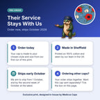 How pre-order works for the Their Service Stays With Us scrub cap: order today, made in Sheffield, ships early October 2026