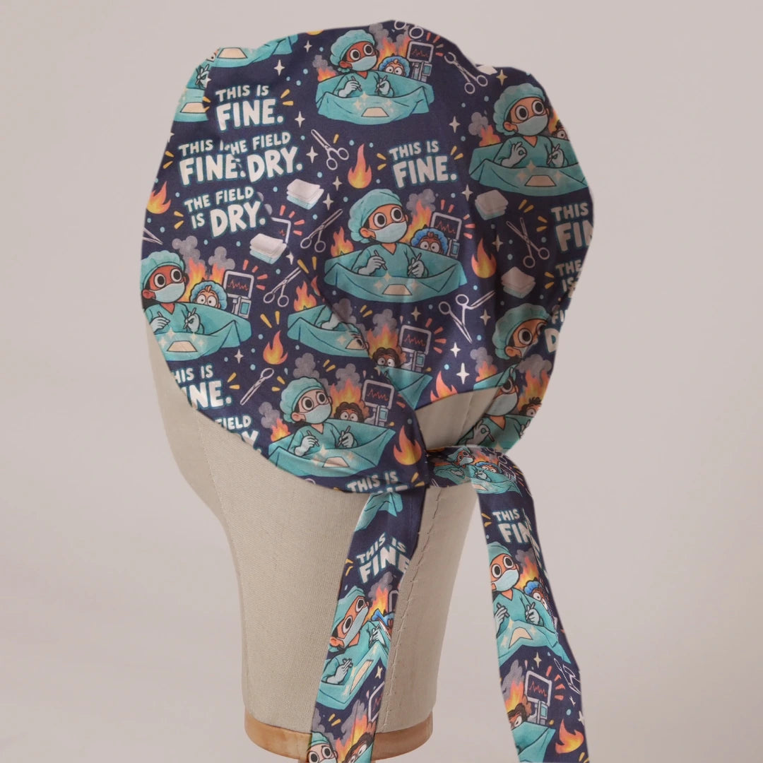 This Is Fine, The Field Is Dry scrub cap in Bandana tie-back style on mannequin head, back view with ties