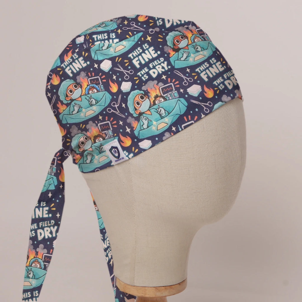 This Is Fine, The Field Is Dry scrub cap in Bandana tie-back style on mannequin head, front right view with the Medicus label