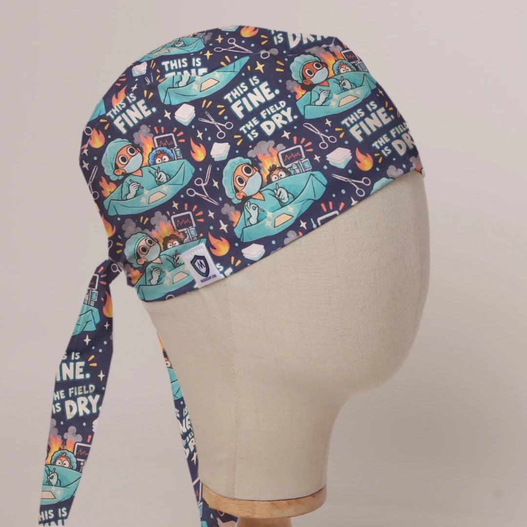 This Is Fine, The Field Is Dry scrub cap in Bandana tie-back style on mannequin head, front right view with the Medicus label