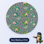 Thoracic Park scrub cap print: dinosaurs with visible lungs and ribcages among footprints on grey