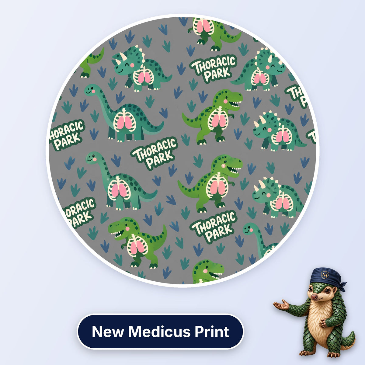 Thoracic Park scrub cap print: dinosaurs with visible lungs and ribcages among footprints on grey