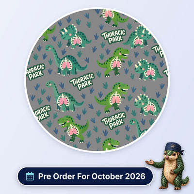 Thoracic Park scrub cap print: dinosaurs with visible lungs and ribcages among footprints on grey, with a Pre Order For October 2026 badge