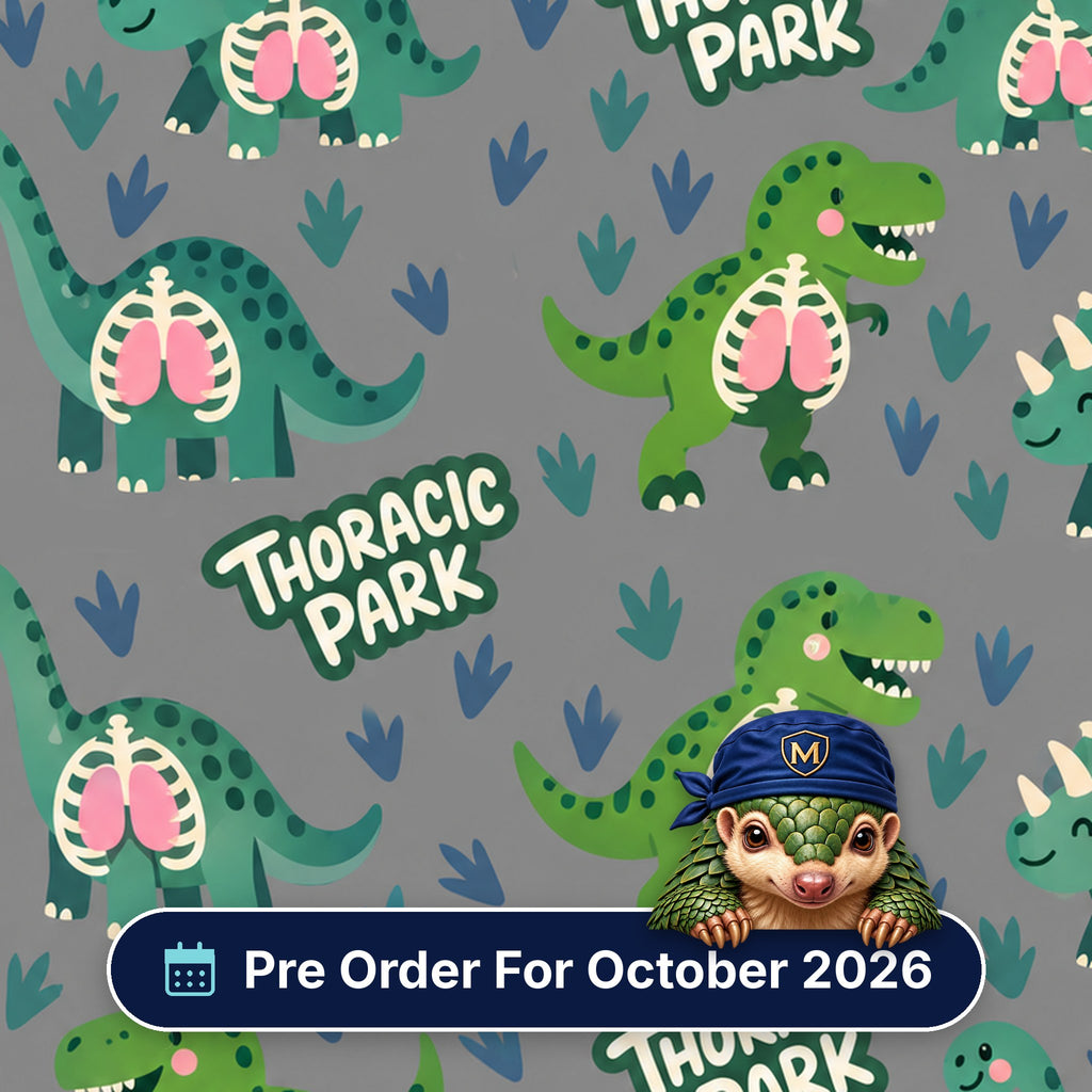 Thoracic Park scrub cap print: dinosaurs with visible lungs and ribcages among footprints on grey, with a Pre Order For October 2026 badge