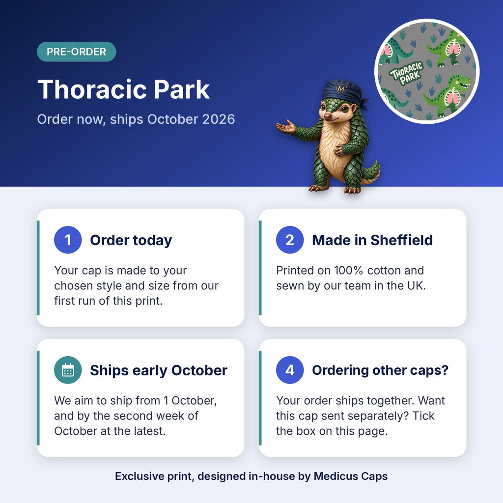 How pre-order works for the Thoracic Park scrub cap: order today, made in Sheffield, ships early October 2026