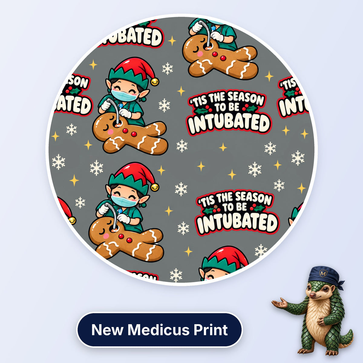 Tis The Season To Be Intubated scrub cap print: an elf anaesthetist intubating a gingerbread man with snowflakes on grey