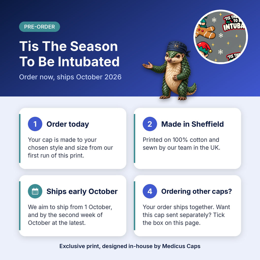 How pre-order works for the Tis The Season To Be Intubated scrub cap: order today, made in Sheffield, ships early October 2026