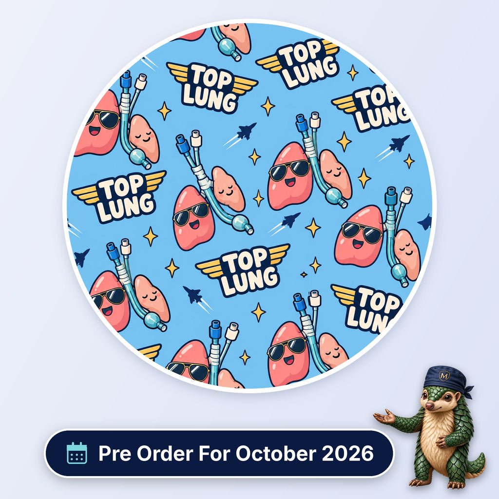 Top Lung scrub cap print: cartoon lungs in aviator sunglasses with ET tubes, gold wings and jets on sky blue, with a Pre Order For October 2026 badge