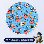 Top Lung scrub cap print: cartoon lungs in aviator sunglasses with ET tubes, gold wings and jets on sky blue, with a Pre Order For October 2026 badge