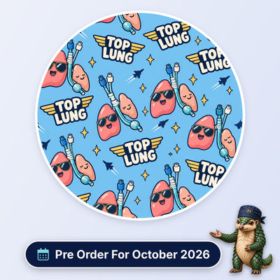 Top Lung scrub cap print: cartoon lungs in aviator sunglasses with ET tubes, gold wings and jets on sky blue, with a Pre Order For October 2026 badge