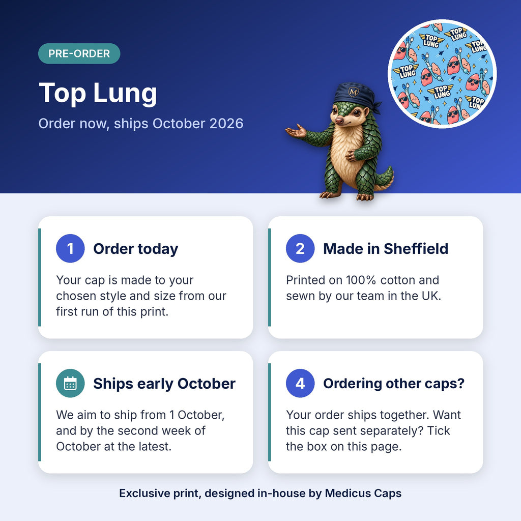 How pre-order works for the Top Lung scrub cap: order today, made in Sheffield, ships early October 2026