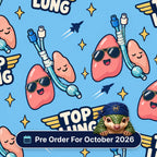 Top Lung scrub cap print: cartoon lungs in aviator sunglasses with ET tubes, gold wings and jets on sky blue, with a Pre Order For October 2026 badge
