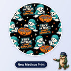 Trick Or Treat, Count Complete scrub cap print: ghosts in scrubs counting instruments in pumpkin baskets on black