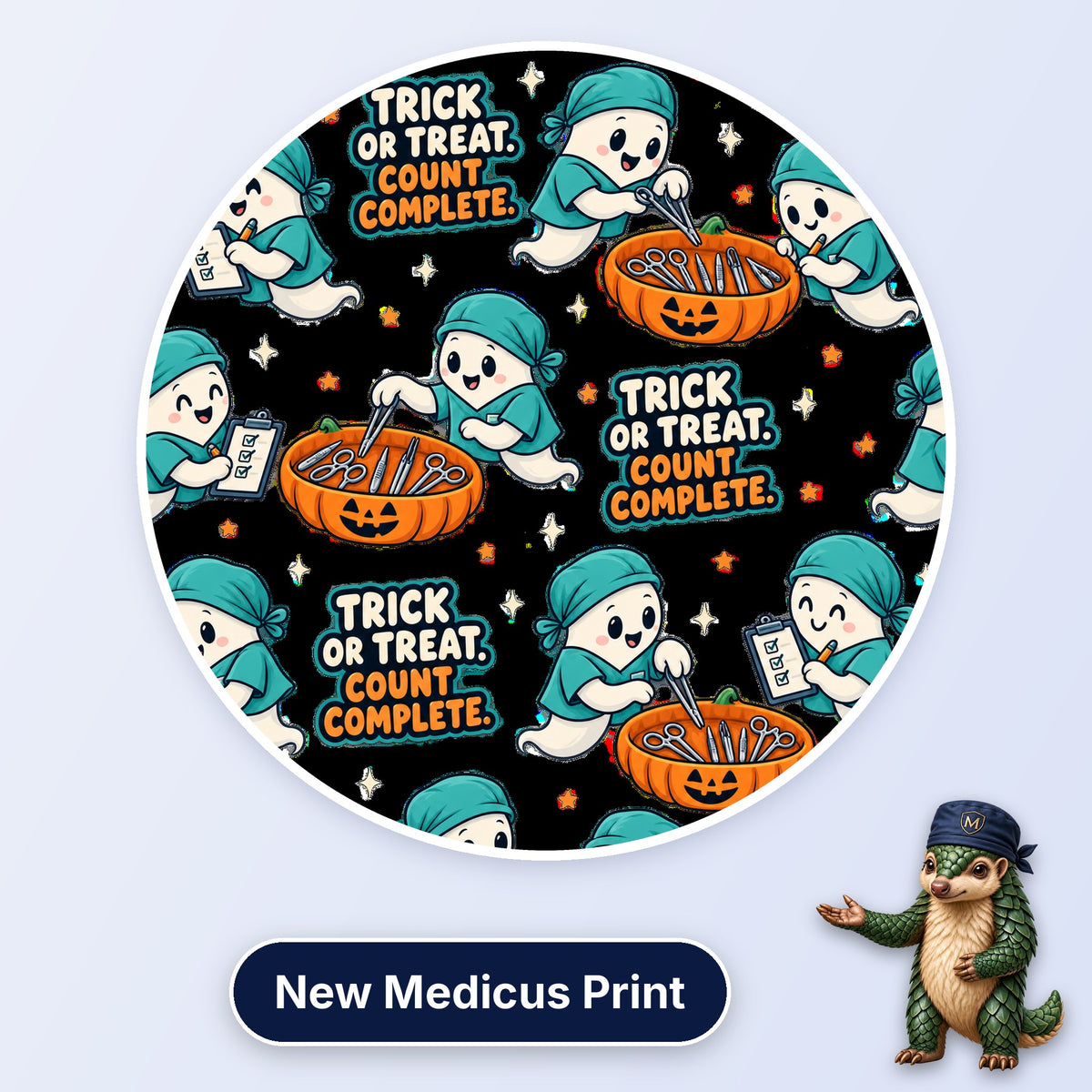 Trick Or Treat, Count Complete scrub cap print: ghosts in scrubs counting instruments in pumpkin baskets on black