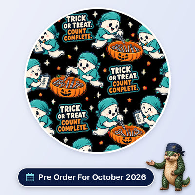 Trick Or Treat, Count Complete scrub cap print: ghosts in scrubs counting instruments in pumpkin baskets on black, with a Pre Order For October 2026 badge
