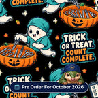 Trick Or Treat, Count Complete scrub cap print: ghosts in scrubs counting instruments in pumpkin baskets on black, with a Pre Order For October 2026 badge