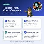 How pre-order works for the Trick Or Treat, Count Complete scrub cap: order today, made in Sheffield, ships early October 2026