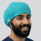 Turquoise solid colour reusable surgical scrub cap with tie-back closure