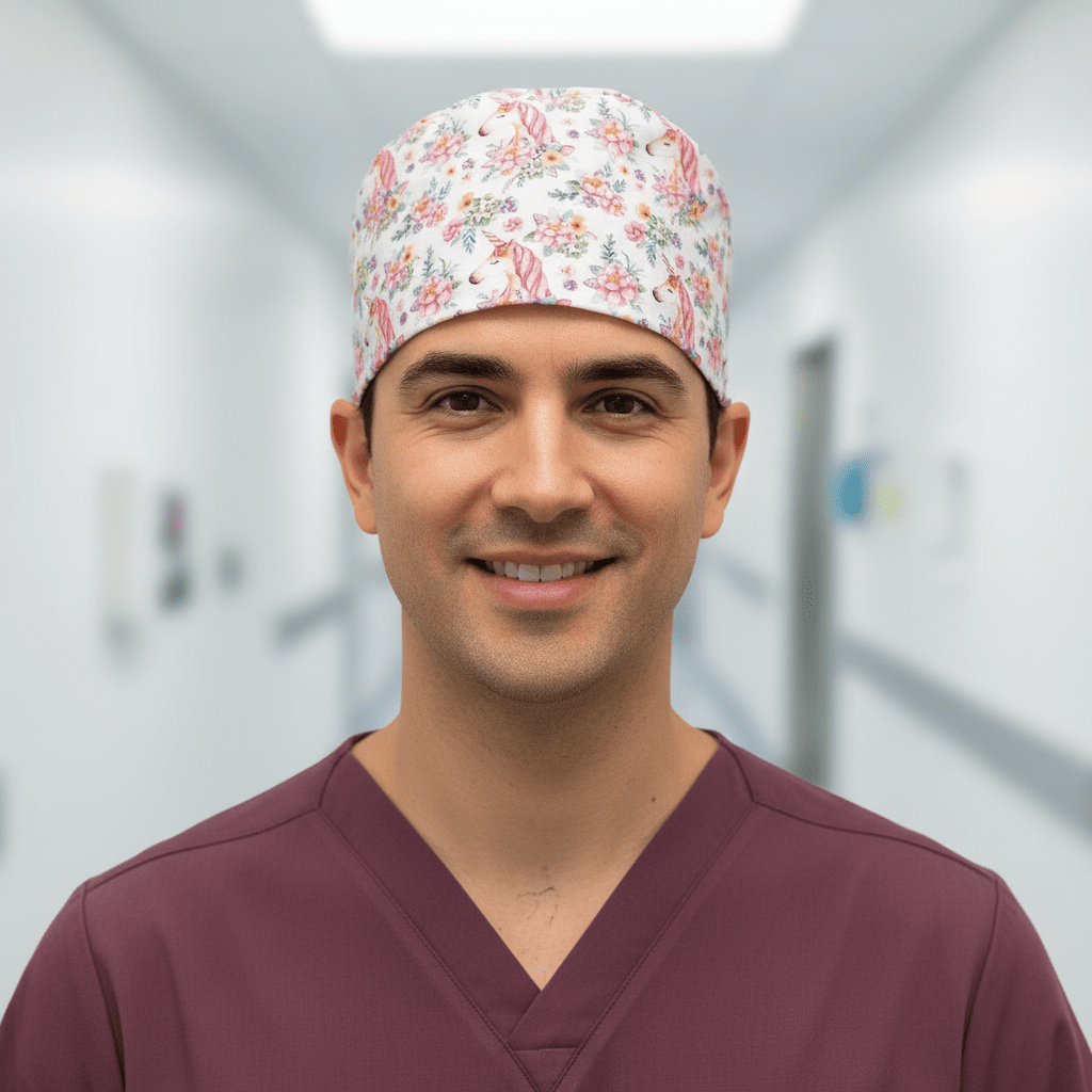 White scrub cap with pink unicorn and floral pattern for medical professionals