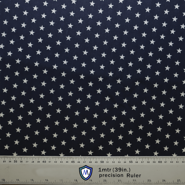 The USA Stars On Navy Scrub Cap by Medicus Scrub Caps is a dark blue fabric adorned with small white stars, ideal for reusable scrub caps. A 1-meter (39-inch) ruler at the bottom highlights its sustainable healthcare fashion focus.